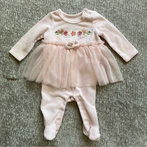Baby Starters‎ Pink Tulle Tutu Footie Romper 3M Floral Embroidery Dressy Ballet